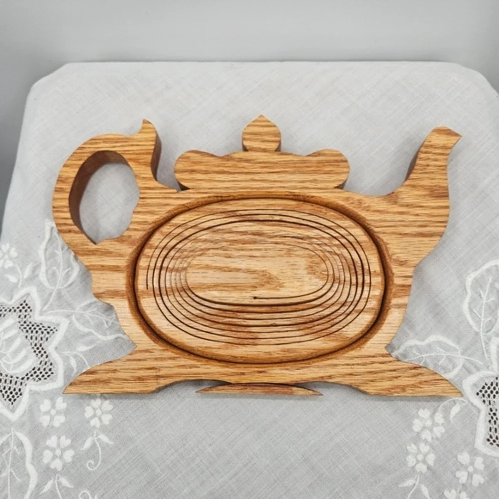 Handmade Oak Wood Teapot Folding Fruit Basket Collapsible Trivet‎ Kitchen Decor
